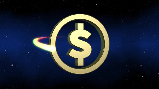 30-second seamless loop of a shiny gold coin embossed with a dollar sign spinning slowly against a wide navy-blue galactic background with a subtle starfield; a fiery comet-like particle trail orbits