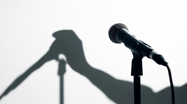 Dynamic shadow of singer holding microphone stand on white wall.