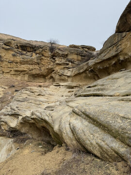 Eroded sandstone cliff with layered formations and sparse vegetation.