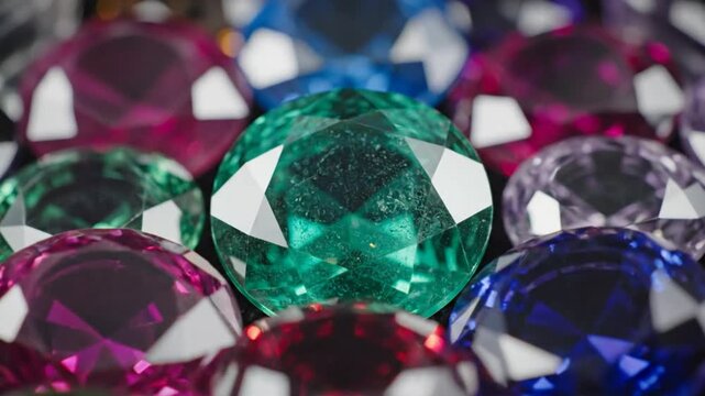 Close-up of sparkling and colorful gemstones arranged together reflecting light, dazzling and bright, precious jewelry