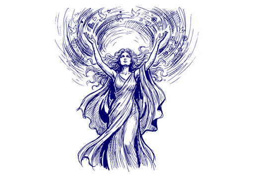 Aphrodite Greek goddess of love and beauty, mythological woman in flowing dress with doves and hearts, vintage engraving illustration