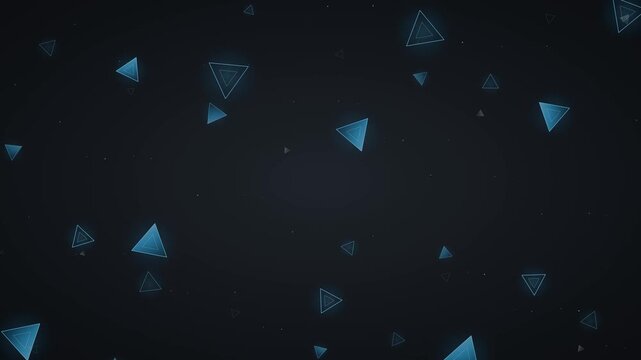 Abstract blue floating triangles background, geometric motion graphics on dark backdrop, futuristic digital pattern for technology presentations