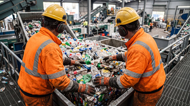 Plastic recycling factory worker sorting compressed PET bottles, plastic waste, recycling plant, recyclable materials, sustainability, environment, waste processing