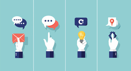 Fototapeta premium Stylized hands with speech bubbles, email, finger pointing, lightbulb, and gear on a teal background, concept for communication, brainstorming, and innovation.
