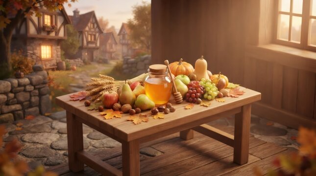 Autumn harvest spread on wooden table with honey, pumpkin, fruit, grape and wheat stalk. Thanksgiving celebration concept. Rustic festive food decoration for seasonal home holiday.