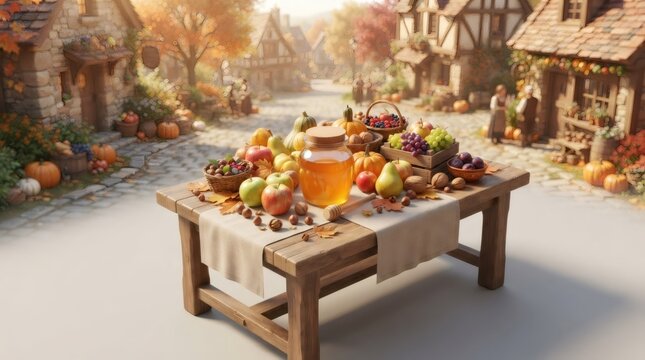 Harvest table with honey and autumn fruit in a rural village. Wooden table laden with pumpkin, apple, pear and nut. Thanksgiving celebration in nature. Traditional seasonal food market.