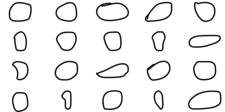 A collection of various handdrawn organic circle shapes and irregular pebble outlines on a white background