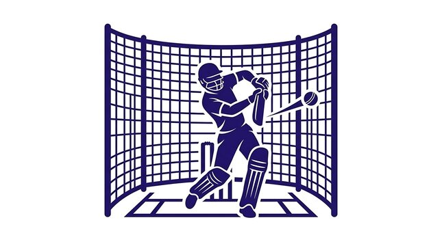 Cricket player practicing in nets. Athlete hitting ball in training session icon.
