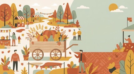Fototapeta premium Illustration of people at autumn farm market with cart full of pumpkin and harvest. Fairground landscape with man and woman outdoor. Seasonal Thanksgiving celebration and community event.