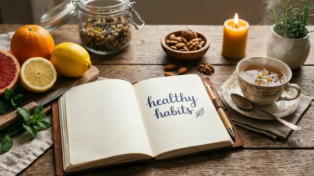 Healthy habits notebook with tea citrus fruit herbs and natural ingredients on wooden table showing wellness planning balanced diet mindful living nutrition goals positive lifestyle routine wellness
