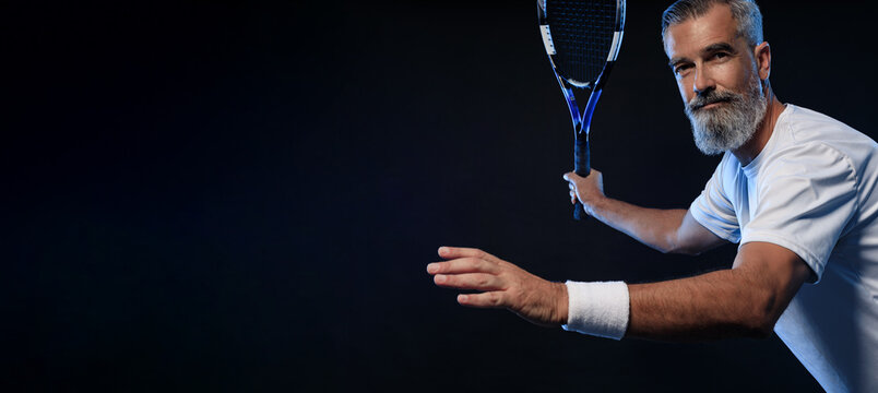 Tennis player banner on the black background. Tennis template for ads with copy space. Mockup for betting advertisement. Sports betting on tennis