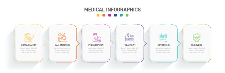 Medical infographic template with 6 steps. Healthcare timeline workflow with line icons for consultation, lab analysis, prescription, treatment, monitoring, and recovery. Colorful vector layout © shendart