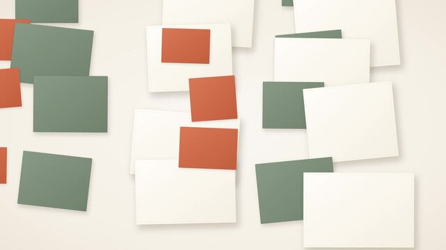 Minimalist abstract paper collage with geometric shapes, earth tone rectangular cards on beige background, modern aesthetic stop motion animation