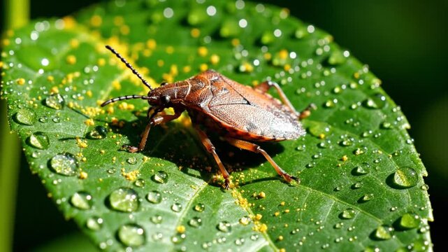 Close up view of a brown stink bug resting on a wet green leaf with water droplets and pollen.