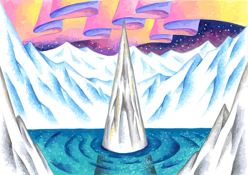 自然のイラスト - 氷山・極地・氷・オーロラ