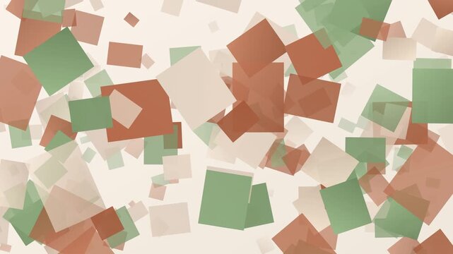 Abstract geometric square background, floating earth tone paper squares, minimalist motion graphic with green and terracotta shapes