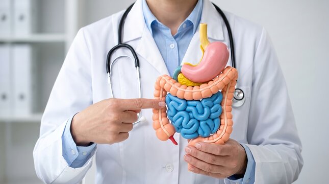Doctor holding human digestive system anatomical model and pointing at intestines