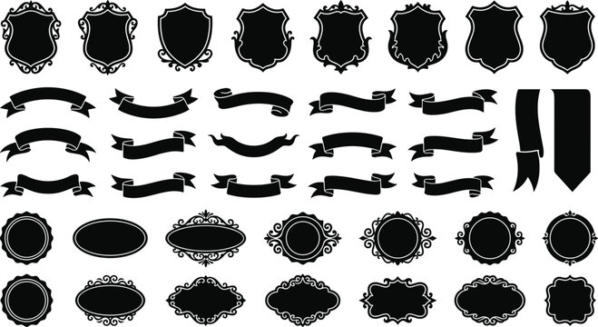 Vintage frame vector set with heraldic shields ribbons ornate borders and labels isolated on white background