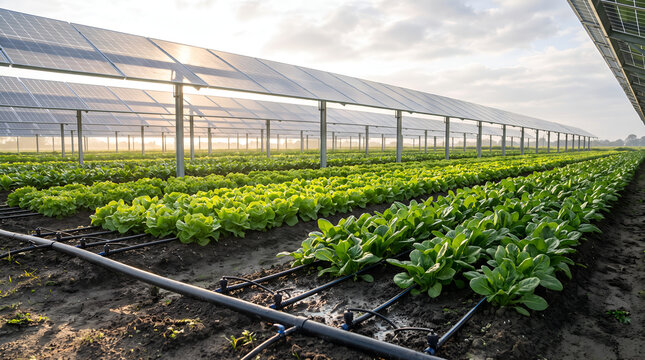 Modern agrivoltaics farm combining solar energy and automated irrigation. Ideal for ESG reports, sustainable agriculture, climate adaptation, and agritech marketing.