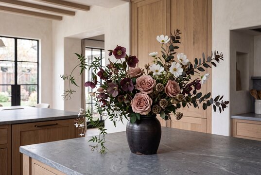 Modern Farmhouse Kitchen Island with Floral Vase Centerpiece