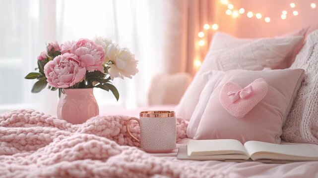 cozy bedroom scene with soft lighting and decorative elements featuring pillows, book, candle, and flower vase in pink and white tones, first-person perspective of a serene and relaxed home.