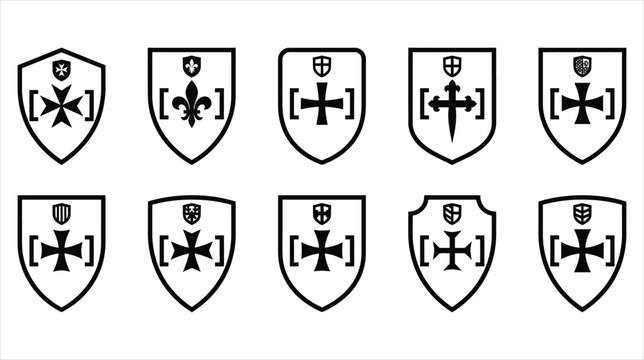 Set of 10 gothic knight armor shield icons collection on a white background