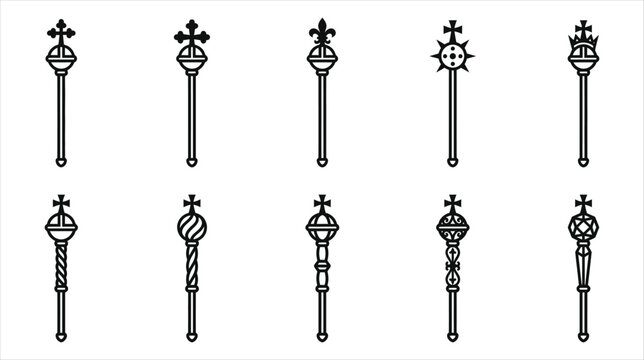 Set of 10 medieval royal magic scepter icons collection on a white background