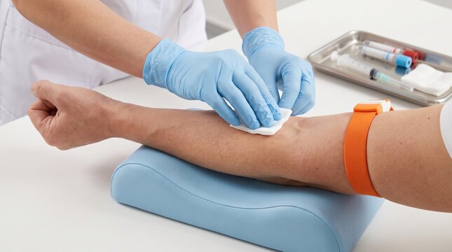 Nurse cleaning patient arm for blood test with antiseptic wipe and tourniquet