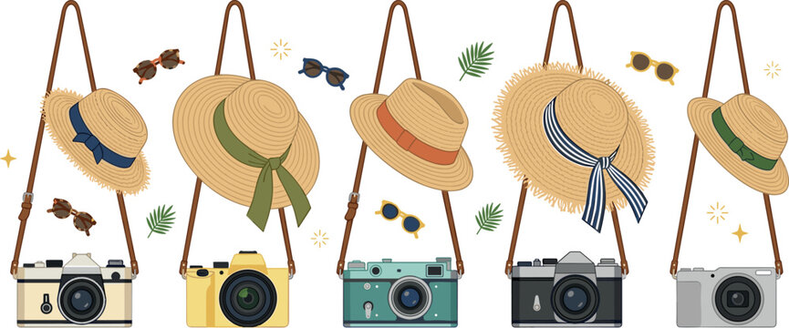 Summer Travel Vector Set with Retro Cameras, Straw Strawhats, Sunglasses, and Tropical Leaves for Vacation and Photography Lifestyle Designs