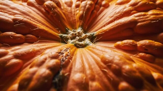 Close-up of a vibrant orange pumpkin blossom displaying intricate textures and radiating patterns with a dark backdrop.