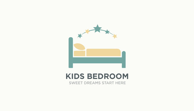Minimalist logo design for kids bedroom featuring a cozy bed under a colorful arch of stars on a clean off white background.