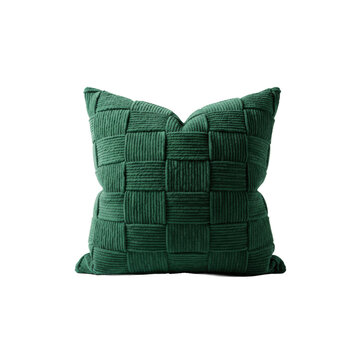 Plump square throw pillow made of rich emerald green textured fabric with intricate woven pattern, isolated on a transparent background, cozy luxury concept