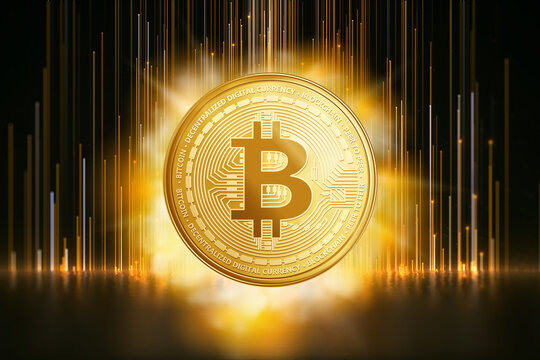 Bitcoin in space glowing in a futuristic 3d illustration