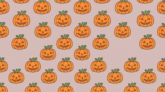 Seamless pattern with cute jackolantern pumpkins on a light background