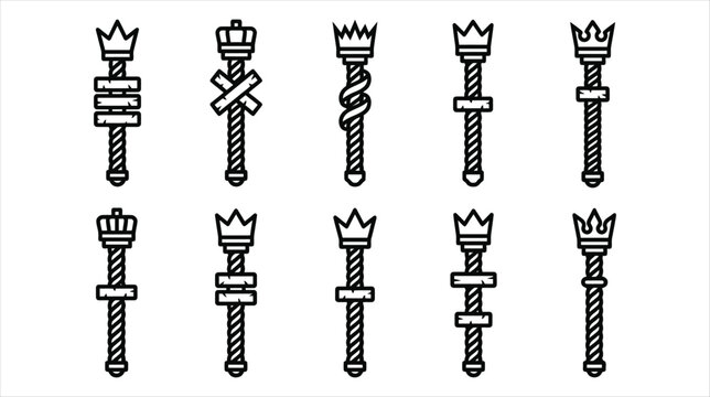 Set of 10 medieval magic wand scepter icons collection on a white background