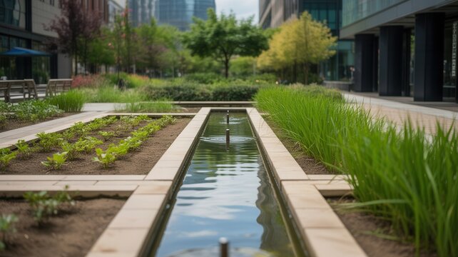 A modern garden with a water feature in a city area. Urban nature design.