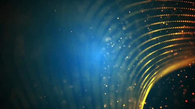 Abstract futuristic technology background with glowing blue and gold particles wave