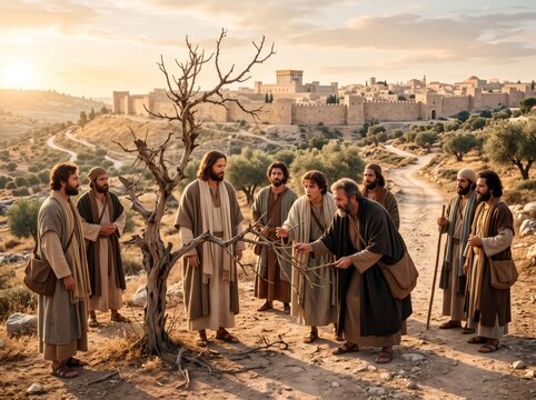 Jesus Christ and disciples beside a withered fig tree