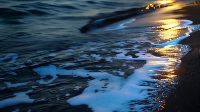 Glowing bioluminescent sea wave close up at night with sparkling blue shoreline light dark water motion marine plankton nature wonder coastal travel fantasy mysterious ocean background scene concept