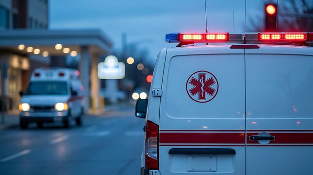 Emergency medical services ambulance parked near hospital entrance during evening with bright red lights flashing while another unit sits in background on city street at twilight.