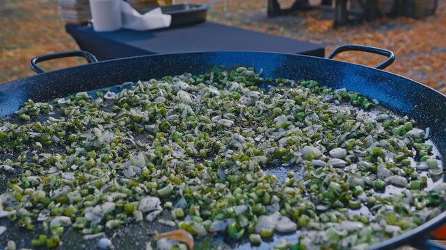 Large Outdoor Cooking Pan with Chopped Vegetables for Catering