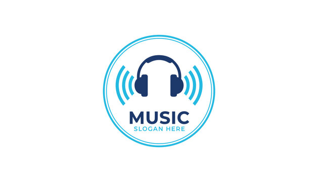 Modern headphone logo design with blue sound waves inside a circular badge, perfect for music apps and audio brands.