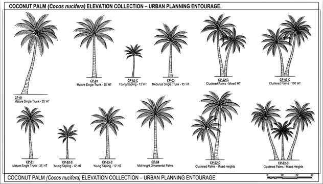Coconut palm tree elevation collection for urban planning and architectural design