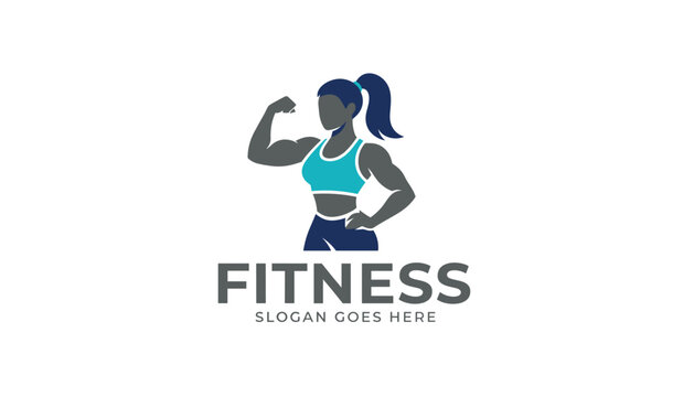 Dynamic fitness logo featuring a silhouette of a muscular woman flexing her bicep, representing health and strength.