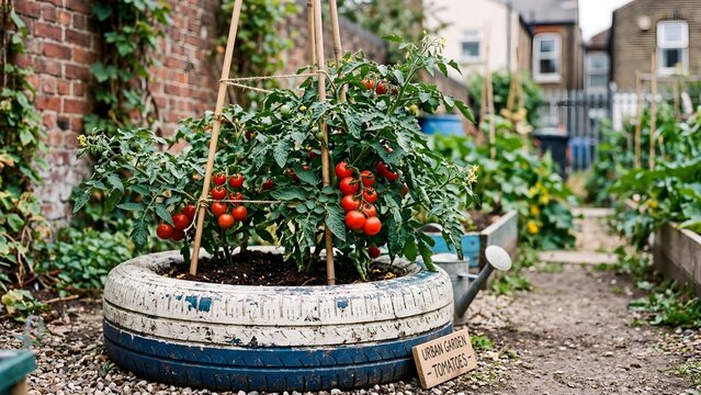 Growing fresh ripe tomatoes in a recycled tire planter in an urban garden