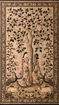 Traditional Kalamkari painting of Radha and Krishna beneath a flowering Kadamba tree, graceful flowing garments with intricate floral motifs.