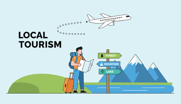 Local tourism banner showing a traveler holding a map near a guide post, with scenic lake and mountains in background.