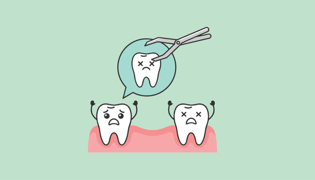 Dental care cartoon illustration depicting dental extraction of a decayed tooth with pliers from emotional gums.