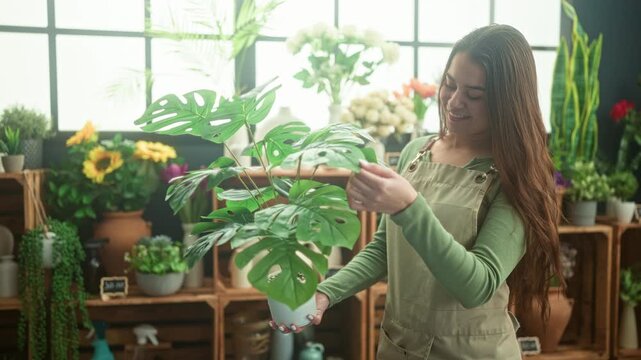 Woman florist holding a potted monstera, hand touching leaf while smiling in a building plant shop filled with pots and flowers; nurturing serenity.