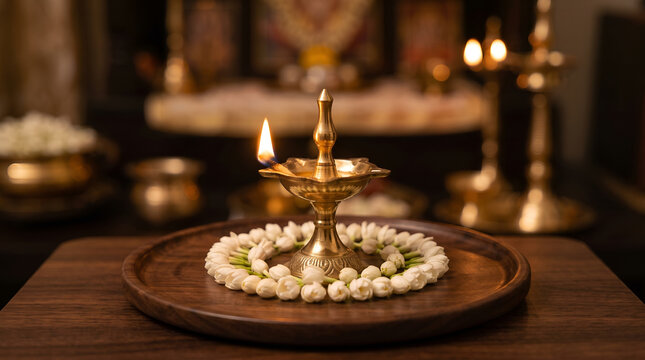 Lit Brass Samay Diya Surrounded by Fresh White Jasmine Mogra Flowers on Wooden Table